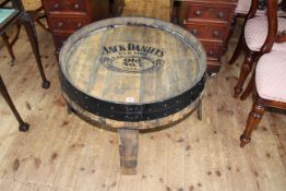 Low barrel bar table 'Jack Daniels', 50cm by 76cm diameter.