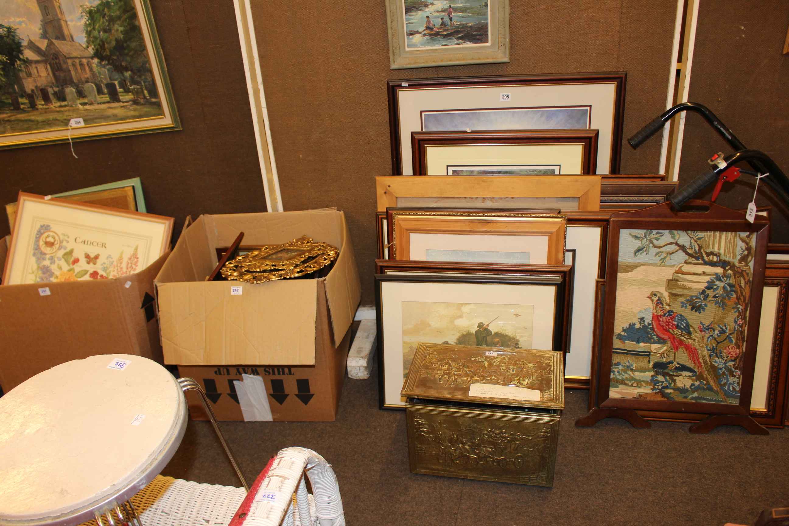 Large collection of pictures including hunting scenes, vintage sewing machine,