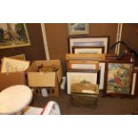 Large collection of pictures including hunting scenes, vintage sewing machine,