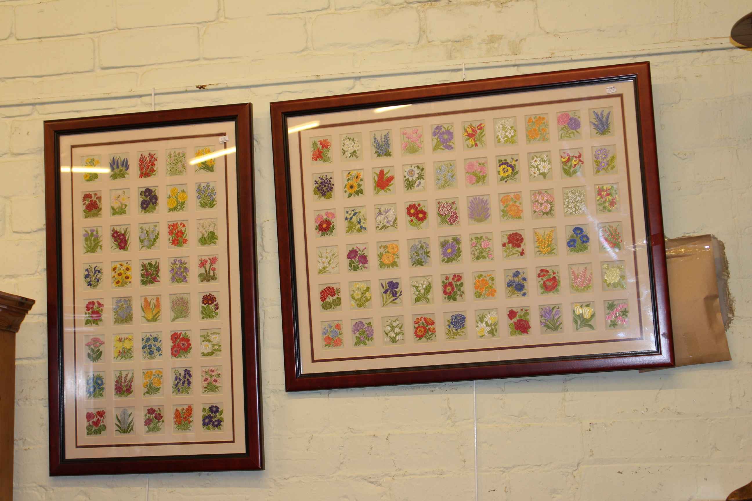 Kensitas silk cigarette flower cards, two complete sets in frames.