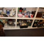 Collection of decorative pottery, glass, mantel clock, brass coal bucket, slate clock, cutlery,