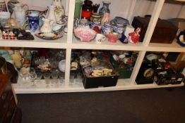 Collection of decorative pottery, glass, mantel clock, brass coal bucket, slate clock, cutlery,