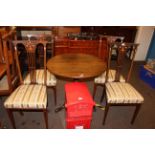 Set of four Art Nouveau inlaid mahogany dining chairs and Victorian oak circular snap top supper