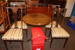 Set of four Art Nouveau inlaid mahogany dining chairs and Victorian oak circular snap top supper