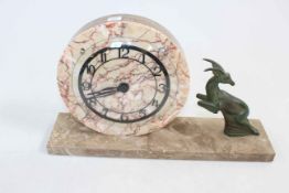 Art Deco marble and leaping deer mantel clock, 37cm across.