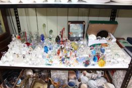 Large collection of glass miniature animals, paperweights, clock, cottages under domes, etc.