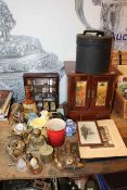 Smokers cabinet, Canadian novelty hat, Oriental wares, photographs, Le Creuset pot, etc.