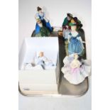 Six Royal Doulton figures including The Ballerina, Grace and The Old Balloon Seller.