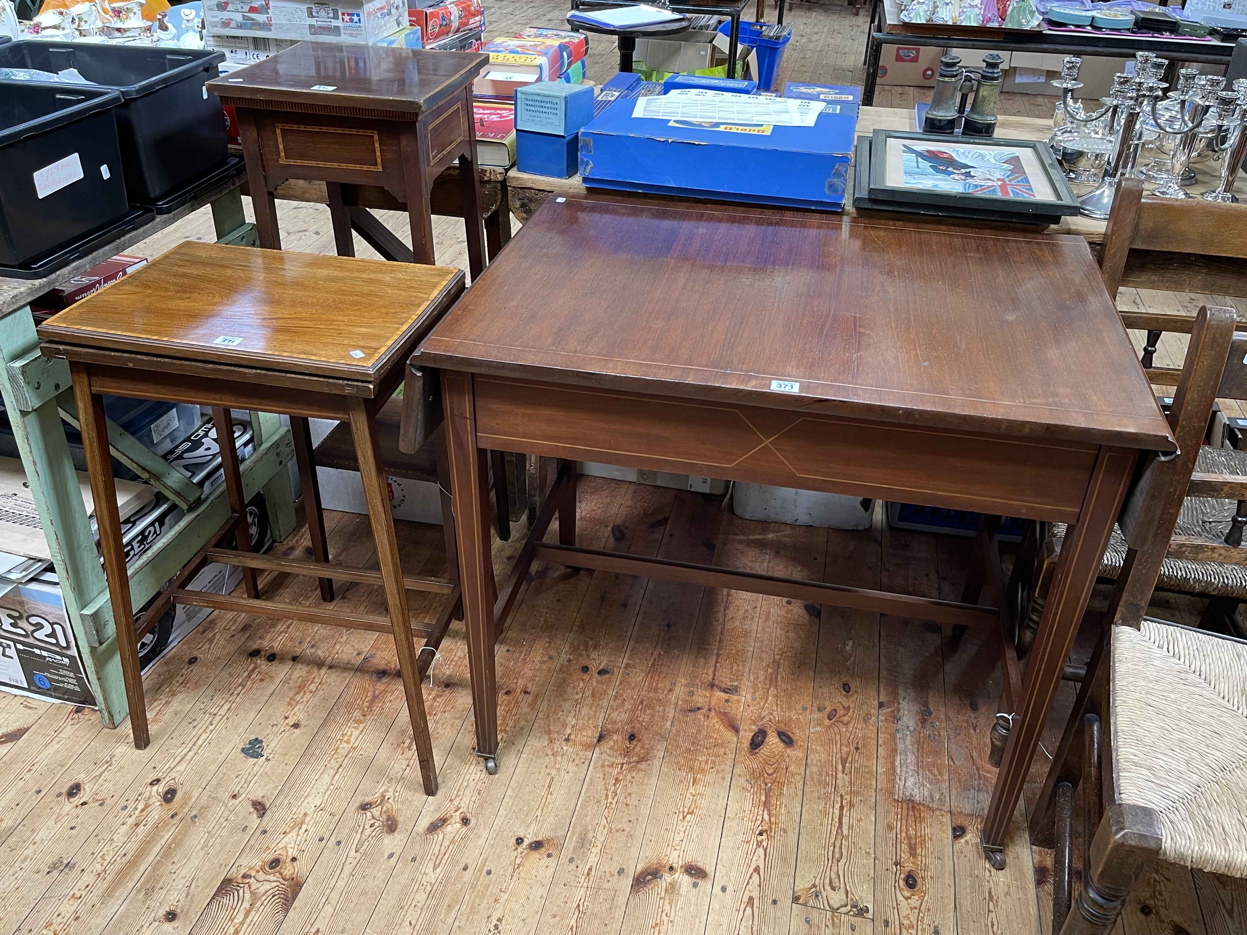 Edwardian mahogany and line inlaid drop leaf side table, fold top card table and plant stand (3).