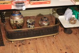 Brass fender, David Leach preserve jar, three Japanese jars, scales with weights.