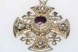 Silver 950 cross pendant with amethyst centre stone, 3.75cm across.