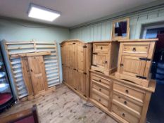 Six piece pine bedroom suite comprising triple door arched top wardrobe, six drawer chest,