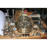 Good collection of silver plate including pair of Victorian candlesticks,, five large oval trays,