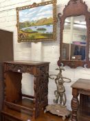 Oriental carved occasional table, brass figural stick stand and Lakeland oil painting (3).