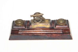 Trench Art desk stand with ;School of Artillery' gun flanked by inkwells with SMith and Wright,