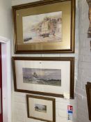 Signed coastal scene watercolour, Sailing Vessels off the Tyne, gilt framed watercolour and J.