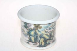 Large late 19th Century Chinese brush pot decorated with lake and mountain scene with signature,