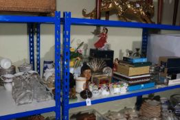 Silver plate wares, Wedgwood bird paperweights, two Royal Doulton lady figurines, etc.