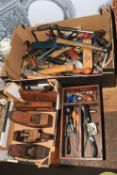 Collection of joinery and other tools including planes, spoke shave, braces, etc.