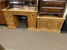 Pine pedestal computer desk and pine two door entertainment unit (2).