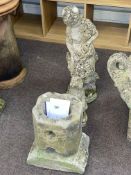 Two weathered garden figures and weathered planter on plinth (3).