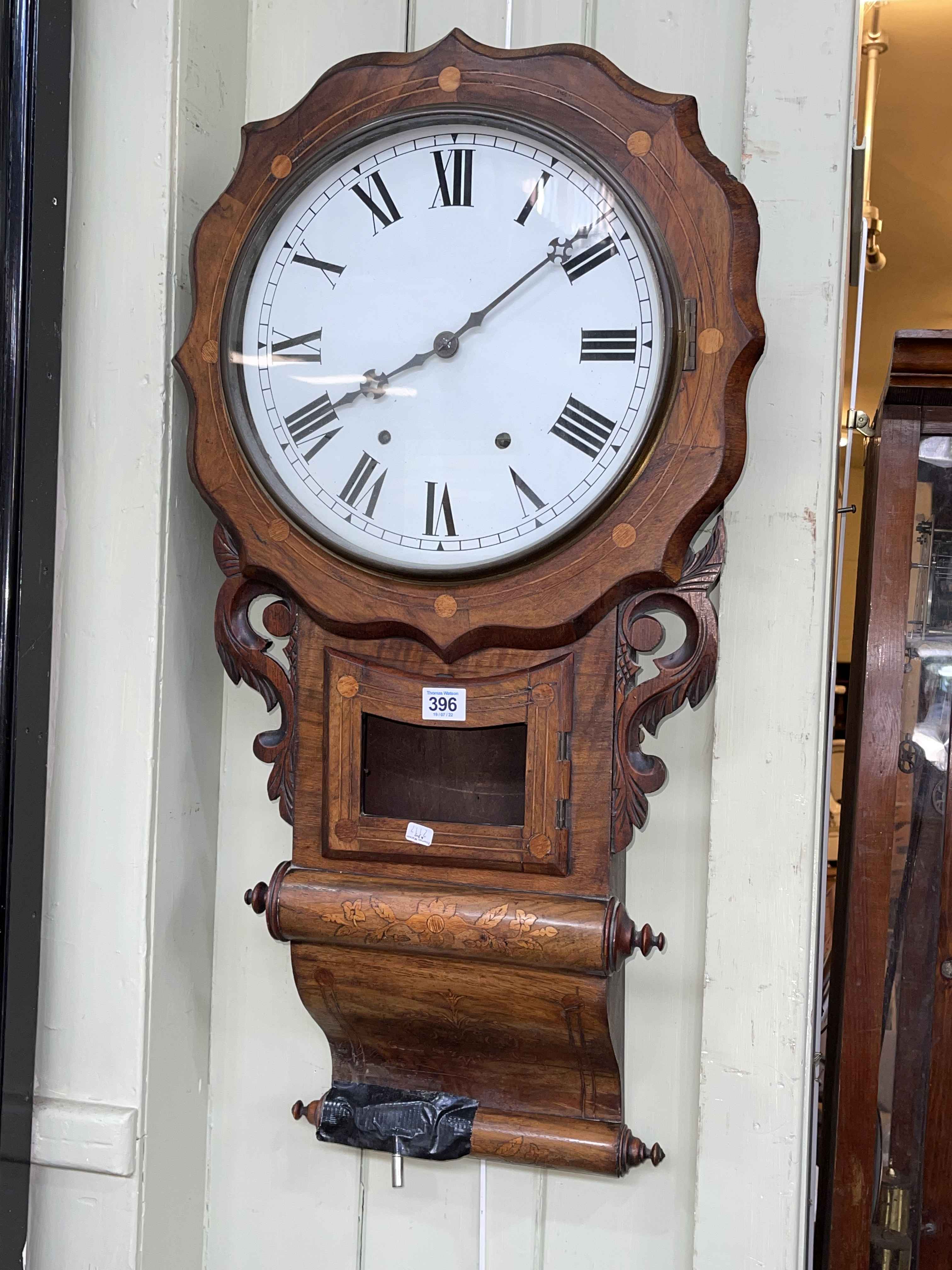 Victorian inlaid drop dial wall clock, 82cm.