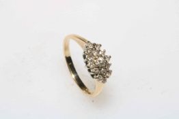 Diamond 15 stone cluster 9 carat gold ring, size K/L.