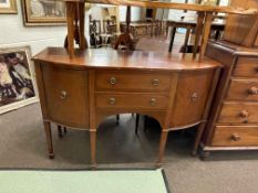 Mahogany and line inlaid shaped front six leg sideboard, 92cm by 139cm by 52cm.