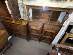 Neat carved oak court cupboard and three drawer oak chest (2).