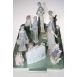 Collection of seven Lladro figures and collectors plaque, together with four other figures.