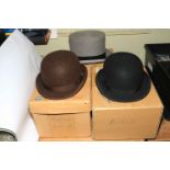 Three boxed top hats including Locke & Co, Scott & Co and Woodrow.