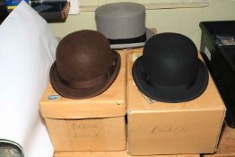 Three boxed top hats including Locke & Co, Scott & Co and Woodrow.