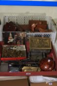 Two boxes of collectables including AA badge, Jacobs biscuit tin, military buttons,