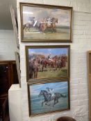 Three framed horse racing prints.