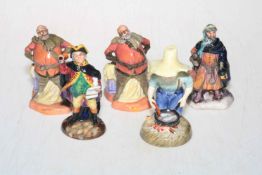 Five small Royal Doulton figurines including River Boy, Town Crier, Falstaff,
