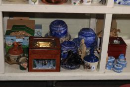 Two musical Christmas displays, Ringtons china including three caddies, Wedgwood Blue Jasperware,