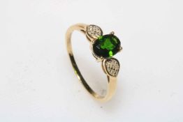 9 carat gold green stone and diamond ring, size T.