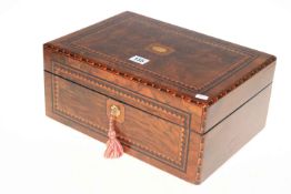 Victorian inlaid walnut trinket box with key, 35cm.