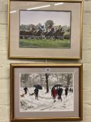 Ken Hayes, National Hunt Racing and Figures in Snowy Landscape, two watercolours, both signed,