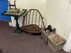 Vintage cast iron hay rack, cast iron feed trough, boot scraper, pedestal bird table,