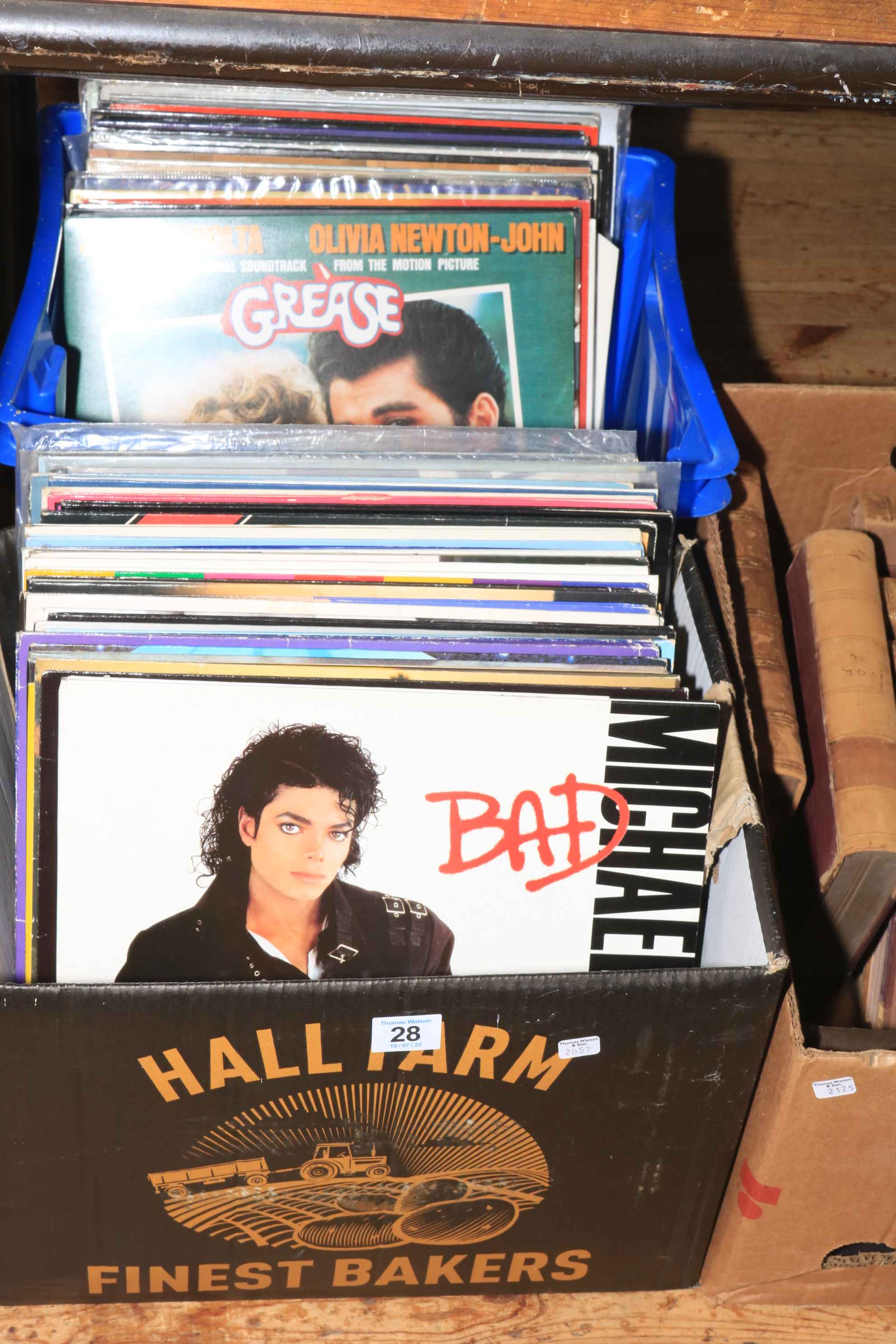 Two boxes of LP records including Michael Jackson, etc.