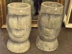 Pair composite Easter Island head garden planters, 52cm.