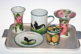 Five pieces of Weymss Ware, two rose vases, cockerel mug, preserve jar and lid and plate.