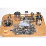 Tray lot with silver and EP including silver napkin ring, tiny jug,