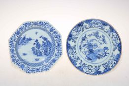 Two Chinese Export blue and white plates, octagonal landscape, and foliage, 23cm diameter.