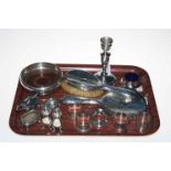 Tray lot of silver pieces comprising bottle coaster, five napkin rings, brush and mirror,