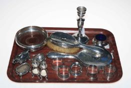 Tray lot of silver pieces comprising bottle coaster, five napkin rings, brush and mirror,