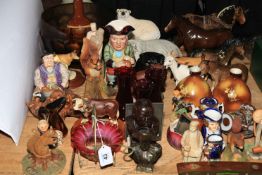 Large agate glass bowl and collection of animal ornaments, toby jugs, Beswick pieces, etc.