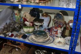 Collection of decorative early porcelain, metalwares, costume jewellery, gilt leopard sculpture,