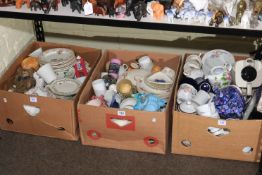 Three boxes of teaware, Ringtons Chintz teapot, glassware, soda siphon, etc.